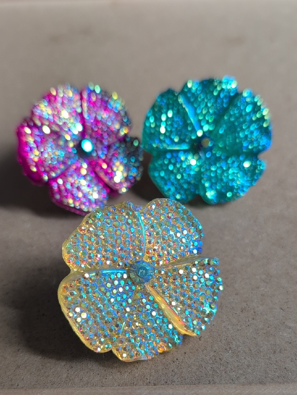 Blingy Flower Adjustable Ring Trio - Pink, Teal, Yellow